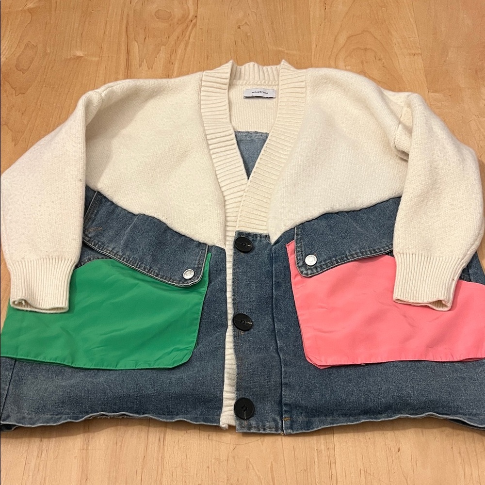 Vshopbrand Colorblock Cardigan with Denim and Pockets